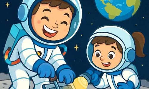 Un astronauta hombre, Lucas, flota en el espacio con una gran sonrisa radiante de alegría y determinación. Su casco brilla y refleja las estrellas centelleantes, mientras que su traje espacial blanco y azul está bien ajustado, con tubos de colores que serpentean por sus brazos. Está reparando un panel en la superficie de la luna con gestos precisos y atentos. Cerca, una niña de unos 10 años, su compañera, observa con una linterna. Tiene el cabello castaño recogido en una cola de caballo y lleva un pequeño casco de astronauta que se desliza ligeramente sobre sus ojos. Sonríe con ánimo, sosteniendo la linterna que ilumina el panel que Lucas repara. El lugar es una vasta extensión lunar, con un suelo gris y polvoriento, salpicado de cráteres y rocas. En el fondo, la Tierra brilla en un azul intenso, rodeada de nubes blancas, creando un hermoso contraste con el negro profundo del espacio. La situación principal muestra a Lucas resolviendo un problema técnico con su equipo, mientras su compañera le ayuda iluminando el panel. Juntos trabajan en equipo, ilustrando la amistad y la colaboración en la inmensidad del espacio.