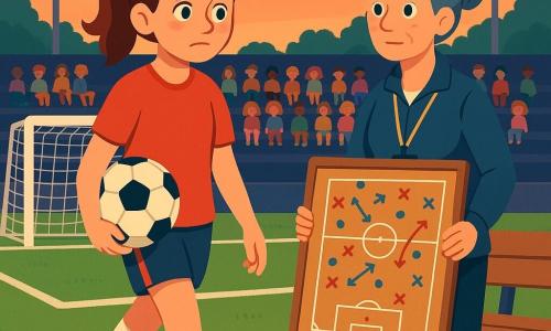 Mara ist eine sportliche erwachsene Frau mit braunem Pferdeschwanz, entschlossenem aber sanftem Gesicht und leicht besorgten, glänzenden Augen; sie hält einen schwarz-weißen Fußball an der Hüfte und geht langsam über den Rasen. Nele, etwa 40-jährige Trainerin mit blau-grauem Dutt, stellt eine große Kork-Taktiktafel am Spielfeldrand neben der Ersatzbank ab. Im Hintergrund sitzen vereinzelte Kinder (6–10 Jahre) auf den Tribünen, bunte Silhouetten, staunend. Stadion in der Dämmerung: hellgrüner Rasen mit weißen Linien, warme Flutlichter werfen lange Schatten, dunkle Ränge und rosa-oranger Himmel. Hauptszene: Mara allein vor einem großen leeren Tor, summende Laternen, ruhige, nachdenkliche Stimmung vor einem wichtigen Spiel. Flacher Vektorstil, satte kontrastreiche Farben, klare Konturen, glatte Texturen, zentrale Komposition mit leichter Tiefe.
