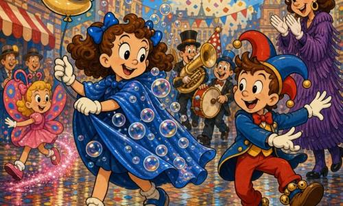 An 8-year-old girl, joyful and slightly surprised, with brown curly hair tied with blue bows, wears a shiny blue cape and holds a snail-shaped balloon while shaking her cape covered in transparent bubbles; beside her Max, a mischievous ~8-year-old boy in a sequined jester hat with ankle bells, dances waving his arms. A ~6-year-old girl costumed as a butterfly passes left leaving pink glitter; a tall woman in a music-note hat and purple fringed coat applauds right in the background. The scene is a paved carnival square with diagonal multicolored bunting, striped banners and red-yellow-blue confetti swirling; the foreground reflects light like wet confetti in small shiny puddles. The girl leads a joyful parade under a rain of bubbles and confetti with musicians and whimsical hats following in rhythm. Visual style: saturated colors, thick black outlines, dynamic poses, rounded rubber-hose silhouettes and clear, wide smiles.