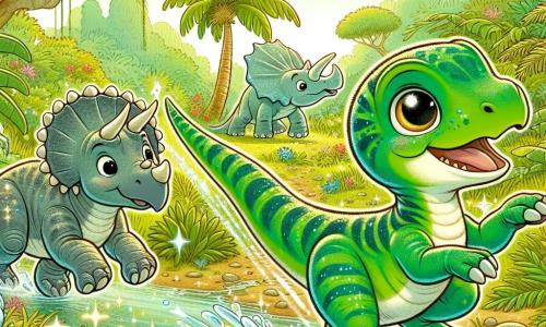 Un pequeño velociraptor llamado Rapi, con escamas verdes brillantes y ojos llenos de curiosidad, corre alegremente en una jungla exuberante. A su lado, su amigo Tino, un triceratops robusto con tres majestuosas cuernos, sonríe mientras salta en la hierba alta, mientras que un pequeño brontosaurio llamado Beto, con un largo cuello y piel azul suave, los sigue moviendo su cola con entusiasmo. La escena transcurre junto a un arroyo brillante, rodeado de árboles gigantes con hojas verdes vibrantes y flores coloridas que bailan al viento. Rapi, Tino y Beto juegan juntos en el agua, salpicando felices, mientras buscan el camino de regreso a casa, llenos de emoción y amistad.