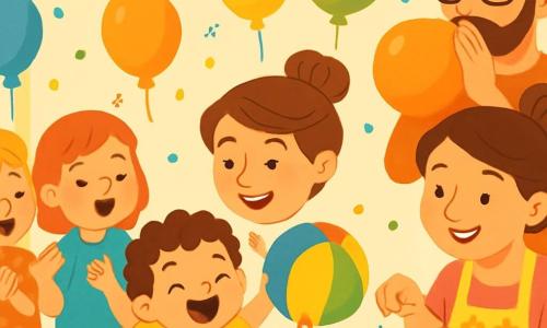 A 2-year-old boy with curly hair and sparkling eyes smiles widely while holding a colorful balloon. He wears a bright yellow t-shirt and blue shorts, jumping with joy, his arms raised to the sky. His mother, a woman in her thirties with brown hair tied in a bun, stands beside him, smiling as she decorates a cake with colorful sprinkles. She wears a floral apron and looks happy. The father, a man in his thirties with a light beard and glasses, is inflating balloons, standing near a table decorated with colorful garlands. The scene takes place in a bright, warm room adorned with floating balloons and twinkling garlands. A large table is covered with a cheerful tablecloth featuring cakes and treats. The little boy is surrounded by his friends singing "Happy Birthday" as he blows out a candle on the cake, a big smile on his face, full of excitement and happiness.
