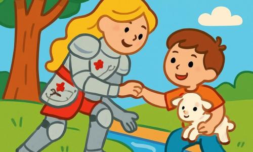 A smiling female knight with long golden hair wears a shiny armor adorned with floral patterns. She gently leans towards a boy of about 6 years old, with sparkling eyes and brown hair, who is holding a small white lamb in his arms. They are near a large tree with vibrant green leaves, under a blue sky dotted with fluffy white clouds. The knight, full of kindness and determination, reaches out to help the boy cross smooth stones over a sparkling stream. The atmosphere is joyful and peaceful, filled with bright colors and warm light.