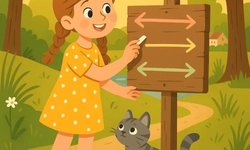 An 8-year-old joyful, curious girl with braided light-brown hair, wearing a yellow polka-dot dress and green boots, writes with white chalk on an old wooden sign at a small crossroads in a sunlit forest clearing while a gray striped cat named Whiskers sits at her feet with a raised paw; the sign shows four pastel chalk arrows, the scene features green grass, daisies, tall grasses, textured brown tree trunks, a distant stream and hill with a village, centered composition, warm colors, soft contrasts, clean lines and simple shapes for a childlike, readable look.