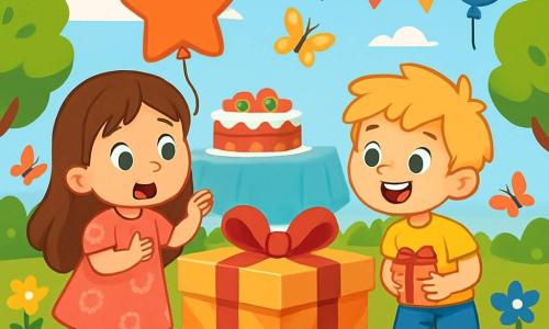 Ci sono 2 personaggi principali: Sofia, una bambina di 4 anni con lunghi capelli castani e occhi scintillanti, che indossa un vestito rosa con motivi floreali e tiene un palloncino a forma di stella; e Luca, un bambino di 4 anni con capelli biondi disordinati e occhi blu, che indossa una maglietta gialla e pantaloni corti blu, sorridendo mentre tiene una piccola scatola regalo. La scena si svolge in un giardino soleggiato, pieno di fiori colorati, festoni e un grande tavolo decorato con una torta di fragole al centro. Palloncini fluttuano nell'aria e farfalle danzano intorno ai bambini. La situazione principale mostra Sofia e Luca che scoprono un grande pacco misterioso dietro il giardino, sorpresi e curiosi, pronti ad aprirlo per vedere cosa contiene.