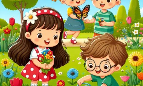 En un parque soleado, cuatro niños juegan juntos. Ana, una niña de 7 años con largos cabellos castaños y un vestido rojo con lunares, sonríe mientras sostiene una pequeña mariposa colorida en su mano. A su lado, Pablo, un niño de 8 años con el cabello rubio alborotado y una camiseta azul, corre riendo, con los brazos abiertos, tratando de seguir a la mariposa. Sofía, una niña de 6 años con dos coletas y un vestido amarillo, está agachada cerca de una maceta, sosteniendo semillas en sus manos. Carlos, un niño de 7 años con gafas y una camiseta verde, se inclina para regar las semillas con una regadera. El parque está lleno de flores brillantes: tulipanes rojos, narcisos amarillos y acianos. Los niños plantan flores en macetas, riendo y animándose mutuamente, creando una hermosa escena de camaradería y alegría primaveral.