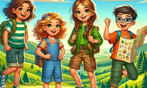 Quattro giovani avventuriere si trovano su una collina verdeggiante, pronte a esplorare. Sofia, una ragazza di 10 anni con capelli castani e ricci, indossa una camicia a righe colorate e un pantaloncino di jeans, tenendo una mappa del tesoro con un grande sorriso. Accanto a lei, Giulia, una ragazza di 11 anni con capelli biondi intrecciati, vestita con una maglietta verde e pantaloni cargo, guarda con determinazione verso l'orizzonte. Martina, una ragazza di 10 anni con capelli castani e lisci, porta occhiali e un gilet arancione, sfoglia un quaderno pieno di schizzi di avventure. Infine, Chiara, una ragazza di 9 anni con capelli rossi e corti, salta di gioia, indossando un vestito a fiori e scarpe da ginnastica colorate. Il paesaggio è una collina soleggiata, punteggiata di fiori selvatici dai colori vivaci, con alberi maestosi sullo sfondo e un cielo blu punteggiato di nuvole bianche e soffici. In lontananza si intravede un misterioso bosco oscuro che sembra nascondere segreti. Le quattro amiche stanno per iniziare la loro grande avventura, pronte a scoprire un tesoro nascosto nel cuore della foresta, con espressioni di gioia ed eccitazione sui loro volti.