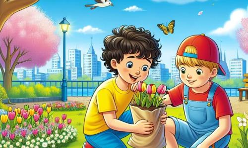 In een bloeiende park zijn twee jongens van 11 jaar bloemen aan het planten. Daan, een jongen met bruin, krullend haar, draagt een felgele t-shirt en een blauwe short. Hij zit op de grond met een kleine schep en een grote glimlach op zijn gezicht. Naast hem staat Sam, een kleinere jongen met blond haar en een rode pet, enthousiast met een zakje zaden in zijn hand. Het park is vol met kleurrijke tulpen en bloeiende kersenbomen onder een heldere blauwe lucht met witte wolken. Vogels zingen in de bomen en vlinders fladderen om hen heen, wat een vleugje magie aan de scène toevoegt. De twee vrienden zijn gefocust op hun taak, zaden in de grond plantend, vol verwachting om hun bloemen te zien groeien. De sfeer is vrolijk en vol leven, wat het nieuwe leven van de lente symboliseert.