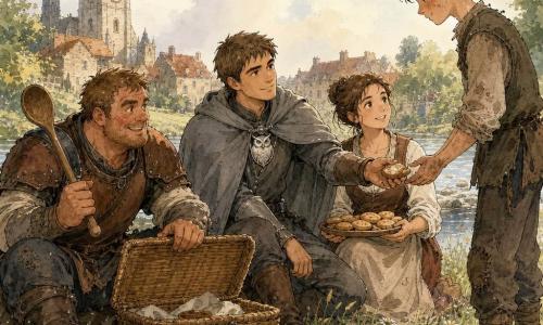 Hoofdpersonage: Arvid, een kalme, welwillende ridder met kort bruin haar en een eenvoudige grijze cape met een klein zilveren uilenmedaillon op de borst, zittend op het gras en een stuk brood aanbiedend; bijpersonen: Bram, ±35, fors, roodige wangen, licht gekreukte wachtkleding, houdt een grote houten lepel als een komisch wapen en opent links van Arvid de mand; Lune, ±20, haar in een knot, levendige glimlach, dienstersschort, rechts van Arvid zittend met een klein bord koekjes, kijkt naar Fynn; Fynn, ±16, slank, met eeltige handen, eenvoudige vuile kleding, verlegen maar opgelucht, licht achteraan staand en het brood accepterend; locatie: oever van een heldere rivier met dauwachtig groen gras, wilde bloemen, in de achtergrond links een oude stenen kerktoren en wijzerplaattoren, verderop stenen huizen met rode daken, heldere ochtendlucht; scène: gedeeld moment na beproeving rond een open rieten mand op het gras, zachte ochtendlicht, troostvolle sfeer, verre klokken, compositie gefocust op uitgestrekte handen en de open mand; visuele stijl: inkt-washillustratie met zachte kleuren, duidelijke lijnen, warme palettonen (oker, zachte groenen, baksteenrood), lichte schaduwen en subtiele kledingdetails, middelgroot kader om gezichten en toren te tonen.