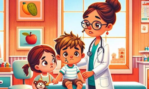 In een warme kliniek staat een vrouwelijke arts, Dokter Linde, centraal in het beeld. Ze draagt een grote witte jas, heeft bruin haar in een knot en een welwillende glimlach op haar gezicht. Ze luistert aandachtig naar een kleine jongen, Timmy, die ongeveer 7 jaar oud is, met een bezorgde uitdrukking en een klein pruillipje. Timmy heeft rommelig blond haar en een chocoladevlek op zijn wang, en hij zit op een onderzoekstafel met zijn benen te bengelen. Naast hen kijkt een moeder, een vrouw van een dertig jaar, met bruin haar en een bril, bezorgd toe. Ze houdt de hand van haar dochter, Sophie, een klein meisje van 5 jaar, die rode wangen en een vermoeide uitdrukking heeft. Sophie ligt tegen haar moeder aan met een knuffel in haar armen. De kliniek is versierd met warme rode muren, kleurrijke posters van fruit en groenten, en speelgoed verspreid over de vloer. Een groot raam laat zonlicht binnen, dat de kamer verlicht. In deze scène onderzoekt Dokter Linde Timmy terwijl ze de moeder en haar dochter geruststelt, die op hun beurt wachten. De sfeer is zacht en gastvrij, vol medeleven en hoop.