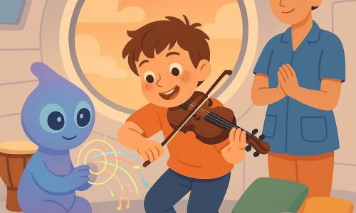 Un niño de 8 años, rostro redondo con pecas, cabello castaño despeinado y expresión maravillada y sonriente, sostiene un pequeño violín bajo el mentón y toca una melodía, cuerpo inclinado hacia adelante; a su derecha, la tía Mara, mujer de unos 35 años con el pelo recogido en un moño y blusa azul, lo observa con mirada benigna y manos juntas o aplaudiendo suavemente; a la izquierda, un extraterrestre Nubo en forma de gota con piel irisada azul-violeta y grandes ojos tranquilos toca un anillo de cristal luminoso (el Zunil) cuyos hilos de luz producen notas; cerca de los pies del niño hay un pequeño dron esférico metálico del tamaño de una naranja con LED que parpadean como si escuchara; el escenario es el interior luminoso y circular de una estación espacial con pared blanca curva, una gran ventana circular que muestra nubes y un cielo anaranjado al atardecer, una mesa con instrumentos (tambor, kalimba) y cojines en el suelo; la escena es cálida y sonora, con composición centrada, colores pastel contrastados, líneas limpias y una atmósfera tierna y curiosa.