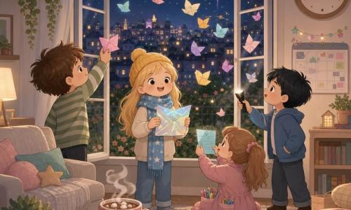 Cuatro niños de 10 años: Jaime (chico, pelo castaño alborotado) levanta un papel colorido hacia la ventana izquierda; Lucía (niña, pelo rubio largo con gorro) está en el centro sonriendo y sostiene un sobre brillante; Samuel (chico, pelo corto negro) sostiene una linterna y mira los papeles desde la derecha junto a la mesa; Clara (niña, coleta castaña clara) está sentada frente a la ventana leyendo en voz alta un papel pegado al vidrio. Escena: salón cálido de noche con grandes ventanas abiertas a una ciudad iluminada, mesa baja con una taza de chocolate y guirnaldas, reloj y calendario en la pared. Situación: a medianoche lanzan papeles coloridos por la ventana; las hojas revolotean como mariposas, algunas se pegan al cristal y otras vuelan sobre el jardín, iluminadas por fuegos artificiales, con expresiones de alegría y complicidad.