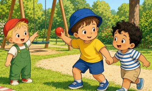 Three boys: Leo (about 3) with short brown hair, round face, blue hat and yellow T-shirt, holding a small red ball at the center and leaning forward as if about to throw it; Max (about 2) with streaky blond hair, chubby cheek, red cap and green overalls to Leo’s left, pointing at a swing and smiling; Sam (about 2) with curly black hair, small and lively, striped white-and-blue T-shirt and beige shorts to Leo’s right, holding Leo’s hand and looking at the ball excitedly. They are in a bright summer park with textured green grass, a light gravel path, a wooden-and-metal swing in the background, a few trees with broad brushstroke leaves and a patterned blanket near a blue beach bucket. Main action: the red ball has rolled slowly on the grass and the three boys are leaning together to pick it up, joyful expressions, cooperative gestures, soft sun, short shadows and warm afternoon colors.