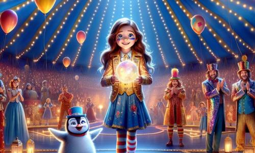 Una ragazza di 9 anni, Sofia, con lunghi capelli castani e occhi brillanti di curiosità, si trova al centro della scena, sorridente e piena di energia, mentre tiene in mano una grande palla magica scintillante. Accanto a lei, un pinguino di nome Pingo, con un piccolo cappello colorato e un'espressione gioiosa, balla sulle sue zampette, pronto a esibirsi. Un acrobata di nome Leo, un ragazzo di 12 anni con capelli biondi disordinati e un costume brillante, applaude entusiasta, mentre clown colorati, con nasi rossi e costumi vivaci, si muovono attorno a loro, aggiungendo un tocco di follia alla scena. Il luogo è un grande tendone da circo, con strisce blu e gialle che si alzano verso il cielo, pieno di luci scintillanti e spettatori meravigliati. Palloncini fluttuano nell'aria e coriandoli colorati cadono dolcemente, creando un'atmosfera festosa e magica. La scena principale mostra Sofia, Pingo e Leo pronti a iniziare il loro spettacolo, con sorrisi radiosi sui volti, circondati da un'atmosfera gioiosa e colorata, catturando lo spirito di avventura e amicizia del circo.