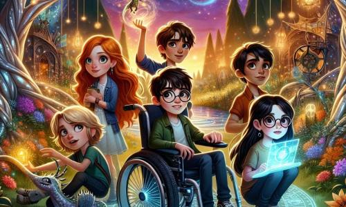 In an enchanted clearing, five friends stand together, ready to face the unknown. Eli, a boy with brown hair and round glasses, sits in his high-tech wheelchair, his eyes shining with excitement. To his right, Lila, a girl with fiery hair, raises a glowing vial, her face radiating energy. Next to her, Orion, a boy with black hair and dreamy eyes, gazes at the starry sky through a telescope, his expression focused. Mira, a girl with brown hair and glasses, types on a floating magical keyboard, determination on her face. Finally, a small fantastical creature, a miniature dragon with shimmering scales, flies around them, adding a touch of magic to the scene. The setting is a magical clearing surrounded by silver-trunked trees with luminescent leaves, where multicolored flowers dance in a gentle breeze. Above them, the sky is dotted with bright stars, and a large stone arch adorned with glowing runes stands in the center, emitting a soft and mysterious light. The friends are preparing to activate the magical portal that will lead them to another dimension, a moment of palpable tension and excitement as they unite their strengths to restore balance between worlds.