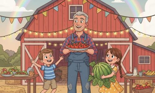 Un hombre (Don Manuel) sonriente y cálido, cabello gris corto, piel bronceada, camisa a cuadros roja y azul, peto vaquero algo polvoriento, sostiene un gran plato de tomates y aplaude con alegría orgullosa; una niña (Clara) de unos 9 años, trenza castaña, vestido amarillo con lunares blancos, ojos brillantes, abraza una enorme sandía verde jaspeada, excitada y de pie junto al hombre; un niño (Pablo) de unos 7 años, pelo castaño corto, camiseta de rayas azules y pantalón corto, salta de alegría con una pequeña cesta de tomates a la izquierda de Clara, mirando la sandía; escenario: granja al crepúsculo con granero rojo, banderines, mesas con ensaladas y frutas, pacas de heno y carretilla, arcoíris tenue; ocasión: fiesta de la cosecha — los niños encuentran la sandía más grande oculta bajo hojas; ambiente festivo, colores cálidos, expresiones exageradas para público infantil; estilo gráfico: contornos suaves, colores saturados y cálidos, texturas de tela y madera visibles, sombras ligeras, composición centrada en la sandía y los tres personajes.