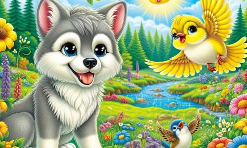 Leo, a young wolf with bright eyes and soft gray fur, stands joyfully in the middle of a flower-filled meadow, his radiant smile showing his excitement for spring. He sniffs the air, amazed by the vibrant colors of the surrounding flowers. Next to him, Sparky, a small sparrow with bright yellow feathers, joyfully flies, flapping his wings enthusiastically while singing a cheerful melody. He perches on a low branch, looking at Leo with a friendly and encouraging expression. The scene takes place in a sunny meadow where multicolored flowers dance in the wind, and lush trees line the horizon. A sparkling stream winds through the landscape, adding a touch of magic to the environment. Leo and Sparky are celebrating the arrival of spring, marveling together at the wonders of nature, surrounded by the vibrant beauty of the forest coming to life.