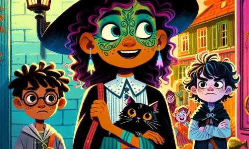 A 12-year-old girl, Lila, stands in front of a mysterious door, her face lit up with excitement and a hint of apprehension. She wears a slightly crooked black witch hat, and her face is painted green with a large freckle on her nose. Her eyes sparkle with anticipation as she holds a small black cat, Muffin, wearing a red cape on her shoulder. Next to her, Maya, also 12, with curly hair and round glasses, looks at the door with a mix of curiosity and fear, her hands gripping her ghost costume. Ezra, a 12-year-old boy with messy hair and a cheeky smile, stands a bit back, ready to make a joke, arms crossed and a defiant look on his face. The scene is set on a Halloween-decorated street, with orange lanterns and spider webs adorning the houses. The new shop, "The Curious Curio Cabinet," stands at the end of the street, its purple windows lit by dancing shadows, and a light mist envelops the ground. The main situation shows Lila ready to open the mysterious door, while the wind slightly moves her hat. Her friends watch her with expressions of surprise and excitement, creating an atmosphere of mystery and adventure.