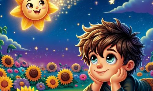 Um menino de 6 anos, Lucas, com olhos brilhantes e cabelos castanhos bagunçados, está deitado na grama verde, maravilhado e sorrindo, olhando para o céu estrelado. Ao seu lado, uma pequena estrela brilhante, com um rosto amigável e brilhos dourados, flutua alegremente no ar, iluminando seu rosto com uma suave luz. O local é um jardim noturno, cheio de flores coloridas e girassóis que se voltam para o céu, sob um céu profundo e estrelado, onde as estrelas cintilam como diamantes. A cena principal mostra Lucas fazendo um desejo ao fechar os olhos, enquanto a estrela da sabedoria lhe fala, criando uma atmosfera mágica e cheia de sonhos.