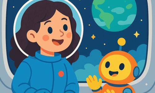 Una mujer sonriente, con cabello largo y rizado de color castaño, lleva un traje espacial azul brillante. Mira con asombro a través de una gran ventana de la nave espacial, sus ojos brillando de alegría. A su lado, un pequeño robot amigable, de forma redonda y colores vivos, aplaude con entusiasmo, sus luces parpadeando alegremente. La escena se desarrolla en el espacio, rodeada de estrellas brillantes y un majestuoso planeta verde de fondo, con suaves nubes y océanos resplandecientes. La nave espacial es suave y luminosa, con botones coloridos y un tablero brillante. La mujer y el robot comparten un momento de felicidad, admirando el paisaje cósmico, mientras la nave se prepara para aterrizar cerca de un puerto de luz.