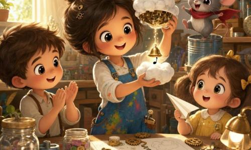 Maya is an inventive woman with a round face, big bright eyes and a gentle smile, joyful and focused in paint-stained blue overalls, gently opening a small white mechanical paper cloud that releases a tiny golden bell-drop chiming softly; Pippa, a gray mouse with shiny black eyes and a red scarf, dances on a tin-can shelf to Maya’s right; a curious six-year-old brown-haired boy claps to her left; a five-year-old girl with pigtails in a yellow dress watches amazed holding a small paper airplane near the table; a sunny workshop with light wood floor, sun stripes on the table, jars of colorful buttons, piles of golden gears, pencils and a sketchbook, lamps and clocks on the wall; warm, cozy atmosphere with pastel tones, sharp contrasts, composition centered on Maya and the cloud.