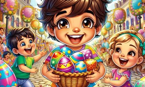 Um menino de 6 anos, Miguel, com cabelos castanhos bagunçados e olhos brilhantes de alegria, está no centro da imagem. Ele usa uma camiseta colorida com padrões de corações e um short de jeans, segurando uma grande cesta cheia de ovos de Páscoa decorados com cores vibrantes. Miguel sorri amplamente, irradiando emoção e felicidade. Ao lado dele, uma menina de 5 anos, com cabelos loiros trançados e um vestido rosa de bolinhas, observa os ovos com admiração. Ela estende a mão para pegar um, seus olhos brilhando de curiosidade. Um pouco mais longe, um menino travesso de 7 anos com óculos e uma camiseta verde se aproxima rindo, segurando um ovo de chocolate gigante. A cena se passa em uma linda praça de vila, decorada com guirlandas coloridas e balões flutuantes, sob um céu azul radiante. Flores multicoloridas cercam os paralelepípedos, e famílias se reúnem ao redor de barracas de jogos e guloseimas. A situação principal mostra Miguel, cercado por seus amigos, compartilhando alegremente seus ovos de Páscoa decorados, criando uma atmosfera festiva e calorosa, cheia de risos e felicidade.