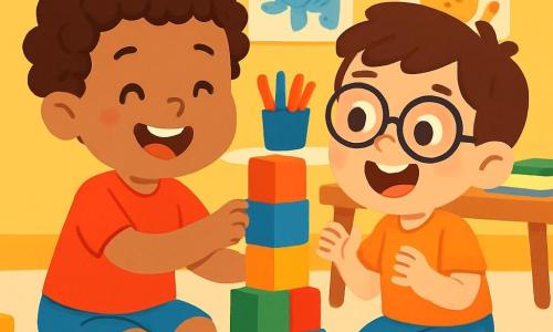 A 4-year-old boy with curly hair and a big joyful smile is sitting on the floor surrounded by colorful blocks. He is wearing a red t-shirt and blue shorts. Next to him is his best friend, another 4-year-old boy with brown hair and round glasses, excitedly looking at the blocks. They are both in a bright classroom with yellow painted walls and animal drawings hanging up. On the table, colored pencils and books are scattered. The main scene shows the two boys gathering blocks to build a tall tower, laughing together, their faces lit up by friendship and joy.