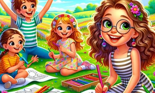 Una ragazza di 10 anni, Sofia, con lunghi capelli ricci e occhiali rotondi, sorride felicemente mentre tiene un quaderno pieno di disegni colorati. I suoi occhi brillano di eccitazione e immaginazione, ed è seduta sull'erba verde, circondata da pastelli sparsi intorno a lei. Accanto a lei, un ragazzo di 9 anni, Marco, con capelli castani disordinati e una maglietta a righe, alza le braccia in aria, ridendo dopo aver segnato un gol immaginario nel loro gioco. Un'altra bambina, Giulia, di 8 anni con trecce e un vestito a fiori, è seduta a disegnare su un grande foglio, concentrata e sorridente. Il luogo è un vasto campo soleggiato, punteggiato di fiori colorati e un grande albero con foglie verdi, sotto il quale si svolge il loro gioco. La scena principale mostra Sofia e i suoi amici mentre creano un mondo magico dai loro disegni, trasformando il campo in un terreno d'avventura dove ogni bambino diventa un personaggio fantastico, ridendo e divertendosi insieme.