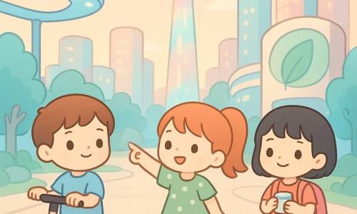 Three children: Milo, a ~8-year-old boy with short brown hair, curious eyes and a small smile, wearing a light blue T-shirt and pushing a black-and-beige solar scooter at his right while looking forward; Zoe, a ~8-year-old girl with a red ponytail in a green polka-dot dress and bright yellow shoes, standing left of Milo and pointing at a glowing tower in the background; Aya, a ~7-year-old girl with short black hair and a pink backpack, slightly ahead of the others and gently holding a small medicine box to her chest, smiling softly. They cross a wide, bright street in a futuristic city through an urban garden toward a round building marked with a large green leaf; the scene has smooth light-gray sidewalks, pale-blue suspended light bridges, turquoise-leaved trees, small round clear-water fountains, polished pastel glass towers, flower-shaped solar panels, warm evening light, long shadows, and a clean, peaceful atmosphere.