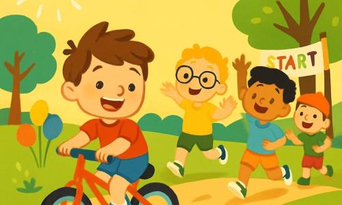 There are 4 children: Max, a 6-year-old boy with messy brown hair and a big smile, wearing a red t-shirt and blue shorts, pedaling quickly on his bike; Ben, a 6-year-old boy with blond hair and glasses, in a yellow t-shirt and green shorts, laughing and trying to catch up with Max; Sam, a 6-year-old boy with black hair and freckles, wearing a light blue t-shirt and orange shorts, smiling and raising his arms next to Ben; and Leo, a 6-year-old boy with brown hair and a baseball cap, in a green t-shirt and red shorts, encouraging his friends from a bit behind. The scene takes place in a sunny park with a large green lawn, shiny-leaved trees, and colorful flowers, with a distant starting line for a race decorated with multicolored balloons. The main situation shows the four boys racing, all smiling and focused, pedaling together on their bikes, with sunlight illuminating their joyful faces.