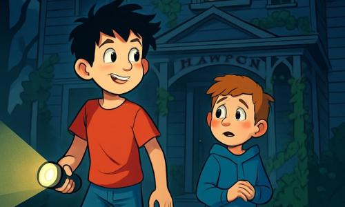 There are two main characters: Max, a 12-year-old boy with messy black hair and sparkling curious eyes. He wears a red t-shirt and ripped jeans, holding a flashlight in his right hand, lighting the path ahead. Jamie, an 11-year-old boy, slightly smaller than Max, has brown hair and freckles on his nose. He wears a blue hoodie and beige pants, looking around with a mix of fear and excitement. The two boys stand on the porch of an old house, Harlow House, which looms before them. The house is massive, with gray wooden walls, dark windows, and creaking shutters in the wind. Ivy vines climb the walls, and a pale light filters through the windows, creating a mysterious and slightly eerie atmosphere. The main situation of the story shows Max and Jamie ready to enter the house, their faces illuminated by the flashlight. Shadows dance around them, and a light breeze rustles the leaves of the surrounding trees, adding a touch of suspense to the illustration.