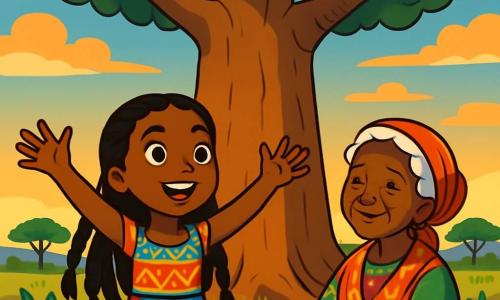Amina, a 12-year-old girl, stands in front of a majestic baobab, her face radiant with excitement and determination. She has long braided black hair, sparkling eyes, and wears a colorful dress adorned with African patterns. Her hands are raised, as if ready to embrace the world around her. Beside her, a wise old woman, Baba Juma, around 70 years old, sits at the base of the baobab. She has snow-white hair, a warm smile, and wears a traditional vibrant dress. She looks at Amina with kindness, her eyes sparkling with wisdom. The setting is a lush savannah, bathed in the golden light of the setting sun. The immense baobab stands at the center, its branches spreading wide, providing comforting shade. Colorful flowers and tall grasses surround the tree, while a blue sky turns shades of orange and pink. The main situation shows Amina, full of courage, ready to discover the treasure hidden under the baobab, while Baba Juma encourages her with a wise look. The atmosphere is filled with magic and adventure, promising an unforgettable quest.