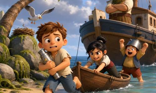 A round-faced boy, Jory, with bright eyes looking both worried and triumphant, clutches a long silver spyglass adorned with a small star and runs barefoot across wet sand toward a small wooden dinghy; Mina, about 11, hair in a bun with smudged charcoal on her fingers, mischievously pushes the boat while leaning and straining, Pip, about 8 and chubby, wearing a saucepan helmet, applauds from the shore with an open-mouthed look of wonder, and Captain Brinebeard, a large man of about 45–50 with a thick beard streaked green like seaweed, watches from the frigate Ripple Shark anchored nearby, all on a rocky sandy islet with a bent palm, algae-covered rocks, a seagull nest and a white-and-gray gull swooping down, under a bluish-gray partly cloudy sky in a vivid, action-filled cel-shaded 3D scene.