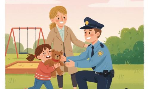 Een vriendelijke, knielende politieagent (Tom), licht getint met kort bruin haar en blauwe net uniform met pet, reikt een bruine knuffel met rood sjaaltje aan een ongeveer 6-jarige meisje (Noor) met ronde gezichtjes en bruine staartjes die de knuffel tegen haar borst klemt terwijl ze naar hem toe rent; haar moeder (~30) met blond haar in een beige mantel staat erachter met haar hand op Noor’s schouder en kijkt opgelucht; park met groen gras, zandbak, rode schommel en een haag waar de knuffel verstopt was, zachte namiddaglicht en lichtroze lucht, warme kleuren en gouache-achtige textuur, centrale compositie die vreugde en opluchting uitstraalt.