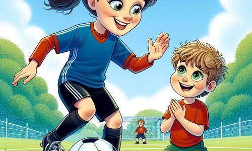 Een jonge vrouw, Lotte, staat in het midden van de afbeelding met een brede glimlach op haar gezicht. Ze heeft bruin haar in een paardenstaart, draagt een blauwe voetbalshirt en een zwarte short, en dribbelt met een voetbal op het veld. Naast haar kijkt een klein jongetje genaamd Tim, ongeveer 6 jaar oud, vol verwondering. Hij heeft rommelig blond haar, draagt een rode t-shirt en groene shorts, en applaudisseert enthousiast. De achtergrond is een groen park met weelderige bomen, een blauwe lucht met witte wolken, en een wit doekdoel aan de zijkant. Het gras is helder groen en enkele kleurrijke bloemen voegen een vrolijke toets toe. De belangrijkste situatie toont Lotte die Tim laat zien hoe hij de bal moet dribbelen, terwijl hij probeert haar te imiteren met een geconcentreerde en blije uitstraling. De sfeer is vol vreugde en energie, wat het plezier van het spel en de vriendschap tussen de twee personages illustreert.