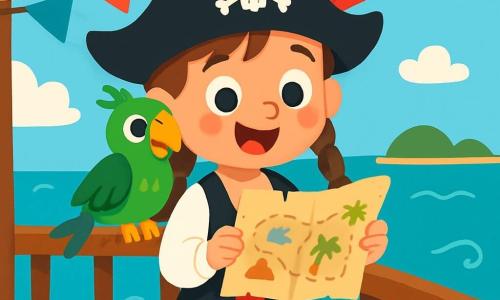 A young pirate, Captain Molly, stands on the deck of her ship, a big joyful smile lighting up her face. She has long braided brown hair, a black pirate hat adorned with a red feather, and wears striped pants and a white shirt. She holds an old treasure map in her hands, her eyes sparkling with excitement. Next to her, her faithful parrot, Pirate Patch, perches on her shoulder, with bright green feathers and a curious look, scanning the horizon. The ship sails on a shimmering turquoise sea, surrounded by gentle waves and a few lush islands in the distance, decorated with colorful flags fluttering in the wind. The sky is a bright blue, dotted with fluffy white clouds. In this scene, Captain Molly discovers a treasure map in her breakfast, ready to embark on a thrilling new adventure at sea.