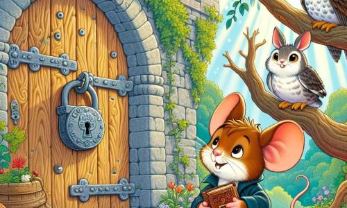 Max, die mutige kleine Maus mit braunem Fell und neugierigen Augen, steht vor einer alten Holztür mit einem großen Schloss, auf seinem Gesicht liegt ein Ausdruck der Aufregung. Er hält ein altes Buch in seinen kleinen Pfoten, den Blick auf das Schloss gerichtet, bereit, das Geheimnis hinter der Tür zu entdecken. Neben ihm sitzt Ellie, die weise Eule mit weißen und braunen Federn, die auf einem Ast sitzt und die Szene aufmerksam mit einem intelligenten und neugierigen Blick beobachtet. Sie scheint bereit, Max Ratschläge zu geben, ihre Flügel leicht ausgebreitet, als ob sie gleich abheben möchte. Benny, der fröhliche Hase mit großen Ohren und weichem Fell, sitzt im Gras, knabbert an einer Karotte und hat ein begeistertes Lächeln im Gesicht. Er schaut Max bewundernd an und ist gespannt, was passieren wird. Die Szene spielt sich in einer alten Schlossruine ab, umgeben von üppigem Grün, mit Klettereichen an den Steinmauern und bunten Blumen, die darum wachsen. Das Sonnenlicht filtert durch die Äste der Bäume und schafft eine magische und geheimnisvolle Atmosphäre. Max, Ellie und Benny stehen kurz davor, die geheime Tür zu öffnen, gespannt darauf, den Schatz oder das Geheimnis zu entdecken, das sie dahinter erwartet, was das Abenteuer und die Freundschaft symbolisiert, die sie in ihrer Suche vereint.