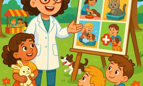 Dr. Poppy is a smiling woman with curly hair and a bright white coat. She wears vibrant pink shoes that shine in the sun, and her face radiates joy and enthusiasm. She is showing a large colorful poster about animal care, surrounded by children. Mia, an 8-year-old girl with curly brown hair, holds an adorable stuffed rabbit. She looks at Dr. Poppy with admiration, her eyes sparkling with excitement. The park is lush, filled with colorful flowers and majestic trees. Pets like dogs and cats play joyfully around them, while a group of children enjoys a games stand. The main scene shows Dr. Poppy passionately explaining how to care for animals, while the children listen attentively, captivated by her words and the vivid illustrations on the posters.