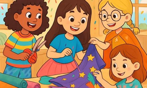 Hay 4 niños: - Lucía: una niña de 10 años, con largos cabellos castaños y ojos brillantes. Lleva una blusa azul brillante y una falda de tul rosa. Está en el centro, sosteniendo una aguja y un hilo, cosiendo trozos de tela. - Marina: una niña de 11 años, con trenzas rubias y gafas redondas. Lleva una capa adornada con estrellas brillantes y está pegando estrellas de fieltro en la capa de Lucía, a su derecha. - Carla: una niña de 10 años, con cabello rizado y una sonrisa radiante. Lleva una camiseta colorida y pantalones estampados. Está a la izquierda de Lucía, sosteniendo unas tijeras y mirando con entusiasmo el disfraz. - Nerea: una niña de 10 años, con cabello castaño y ojos suaves. Lleva un vestido de flores y está sentada en el suelo, rodeada de plumas coloridas, pegándolas en las mangas del disfraz. El lugar es un gran taller luminoso, con paredes de madera clara y ventanas que dejan entrar la luz del sol. Hay rollos de tela colorida esparcidos sobre una gran mesa de madera, y cajas llenas de botones, lentejuelas y plumas alrededor de ellos. Guirnaldas de papel colorido cuelgan del techo, creando un ambiente festivo. La situación principal muestra a los niños creando su disfraz de carnaval, riendo y ayudándose mutuamente, rodeados de materiales brillantes y coloridos, mientras una lluvia de confeti imaginario parece flotar a su alrededor, añadiendo un toque de magia a su taller.