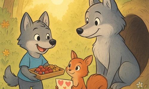 El personaje principal es un pequeño lobo llamado Lupo, con un pelaje gris suave y ojos brillantes de alegría. Está presentando una bandeja de desayuno llena de bayas rojas y nueces a su mamá, con una gran sonrisa en su rostro. Junto a Lupo, está Tris, una ardilla traviesa con pelaje rojizo y una cola esponjosa, sosteniendo una tarjeta colorida llena de corazones. Ella mira a Lupo con complicidad y orgullo. La escena tiene lugar en la entrada de una madriguera, rodeada de flores silvestres y rayos de sol matutinos filtrándose a través de los árboles. La situación principal muestra a Lupo y Tris ofreciendo su sorpresa a mamá lobo, quien los mira con ojos brillantes de gratitud, sentada justo frente a la entrada de la madriguera.