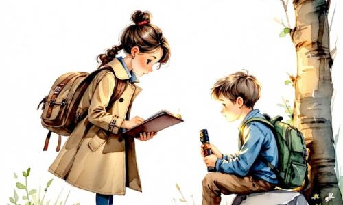 Una detective (Clara), rostro decidido y amable, con gabardina beige aún húmeda, cabello castaño recogido, sostiene un cuaderno y una linterna encendida junto a una piedra en el sendero; un joven (Mateo, 23 años) de cabello rubio alborotado, chaqueta vaquera y mochila verde a su lado, sentado en la piedra con expresión aliviada y pálida, se toca la cabeza como tras una caída; una anciana (señora Ortega, ~70) de vestido de flores y cárdigan claro pone la mano en el hombro de Mateo, preocupada pero tierna; un anciano (Ramón, ~80) pequeño y encorvado, con chaqueta gris y sombrero, sentado en un banco algo apartado sostiene una foto en blanco y negro con manos temblorosas y mirada emocionada; escenario: sendero junto a un río al atardecer con agua dorada, hojas muertas, banco y piedras mojadas por la lluvia; momento de reencuentro y calma tras una investigación, Clara consulta notas mientras la familia se reúne, ambiente íntimo, colores cálidos y suaves, gotas de lluvia visibles.