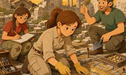 Smiling, serene female archaeologist with a round face, brown hair in a ponytail, beige excavation outfit and yellow gloves kneels and gently brushes golden mosaic tiles with a small brush; Leo, a man of about 30 in a blue cap and green t-shirt, stands slightly behind and right, holding a small trowel and pointing to a shiny tessera he found; Sara, about 16, with mud on her knees, sits left of the woman with an open notebook sketching a ground plan near a conservation box. The scene is a calm excavation at the ruins of a Byzantine monastery on a hill—broken light stone walls, large window openings, grass between slabs, glittering mosaic fragments and a soft sunset—ropes form grid squares, tools and small finds are neatly arranged, and warm golden light highlights the tesserae. Visual style: clean cut-paper look, flat contrasting colors, paper textures for stone, fabric and mosaic, thin black outlines, warm, child-friendly composition.