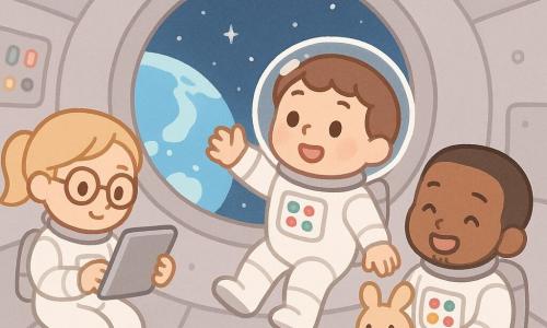 Ein lächelnder, erstaunter Astronaut (~35, männlich) mit rundem Gesicht und kurzen braunen Haaren unter transparentem Helm in weißem Raumanzug mit bunten Knöpfen schwebt leicht in Schwerelosigkeit und streckt die Hand zum runden Bullauge; eine Ingenieurin (~32, weiblich) mit blonden Pferdeschwanz und runden Brillen überprüft ein glänzendes Tablet am linken Kontrollpult des Protagonisten; ein Teamkollege (~28, männlich) mit dunkler Haut und kurzem Bart lacht leise und hält ein kleines, schwebendes Plüschtier; Ort: gemütliches, rundes Raumschiffinterieur mit weichen grauen Wänden, pastellfarbenen LED‑Lichtern, pastellfarbenen Knöpfen und sauberen Kabeln, großem Bullauge mit Blick auf die blaue Erde und klare Sterne; Hauptsituation: die Crew schwebt zusammen, warme und abenteuerliche Atmosphäre, Komposition zentriert auf das Bullauge mit der Erde im Hintergrund, lebhafte Farben, einfache Formen, weiche Konturen, minimalistischer Kawaii‑Stil, fröhlicher und beruhigender Ausdruck