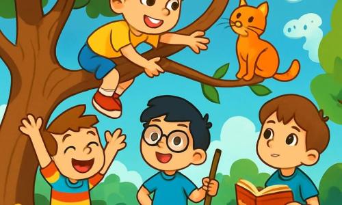 Ci sono 4 bambini: - Filippo: un ragazzo di 5 anni con capelli biondi disordinati, occhi brillanti e un grande sorriso, è arrampicato su un ramo d'albero, allungando la mano verso un gatto. - Marco: un ragazzo di 5 anni con capelli castani e lentiggini, indossa una maglietta a righe colorata e salta di gioia ai piedi dell'albero, con le braccia alzate. - Luca: un ragazzo di 5 anni con capelli neri e occhiali rotondi, si appoggia a un bastone magico, sorridendo e incoraggiando Filippo dal basso. - Gianni: un ragazzo di 5 anni con capelli castani e uno sguardo sognante, è seduto su una pietra, tiene un libro aperto e immagina avventure mentre osserva i suoi amici. La scena si svolge in un giardino magico, pieno di fiori colorati che sembrano danzare al vento, circondato da alberi maestosi con tronchi contorti e un cielo blu brillante punteggiato di nuvole a forma di creature fantastiche. La situazione principale mostra Filippo in cima all'albero, che cerca di prendere Fiocco, il gatto della signora Rosa, seduto su un ramo, mentre gli altri bambini lo incoraggiano con entusiasmo, creando un'atmosfera gioiosa e avventurosa.