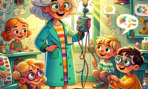 Clara, una donna di quarant'anni con capelli ricci e occhiali rotondi, è in piedi nel suo laboratorio colorato, con gli occhi che brillano di eccitazione. Indossa un camice macchiato di vernice e tiene in mano un piccolo dispositivo a forma di scatola, sorridendo con orgoglio. Accanto a lei, Marco, un ragazzo di 10 anni con capelli castani disordinati, osserva attentamente il dispositivo con aria curiosa, mentre Sara, una ragazza di 9 anni con trecce bionde, prende appunti su un quaderno, gli occhi pieni di entusiasmo. Leo, un bambino di 7 anni con guance rotonde e occhiali, è accovacciato, esaminando un cavo con una lente d'ingrandimento, concentrato. Il laboratorio è pieno di macchine strane, progetti appesi alle pareti e barattoli di vernice colorata, con i raggi di sole che filtrano dalle finestre, illuminando lo spazio in modo accogliente. La scena principale mostra Clara e i bambini mentre testano la loro invenzione, un dispositivo che traduce i suoni degli animali, con bolle di dialogo colorate che escono dall'apparecchio, illustrando le parole che gli animali potrebbero dire.