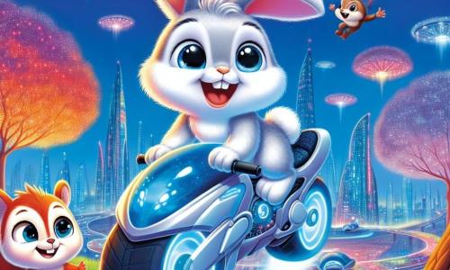 Een klein konijntje genaamd Kiko, met grote witte oren en zachte grijze vacht, glimlacht verwonderd terwijl hij op een prachtige blauwe en zilveren vliegende fiets zit die in de lucht zweeft. Kiko heeft sprankelende ogen van vreugde en zijn pootjes zijn uitgestrekt naar de lucht, alsof hij de wolken wil aanraken. In de buurt staat Pip, een klein eekhoorntje met rood haar en een pluizige staart, die Kiko bewonderend aankijkt. Pip heeft een grote glimlach en zijn ogen stralen van opwinding terwijl hij op een tak staat en een pootje opsteekt om zijn vriend te groeten. De achtergrond toont een futuristische stad met glinsterende glazen en metalen gebouwen, vliegende auto's die door de blauwe lucht glijden, en lichtgevende bomen die van kleur veranderen. Multicolore lichten verlichten de straten beneden en creëren een magische sfeer. Kiko test de vliegende fiets en zweeft vrolijk in de lucht, terwijl Pip hem aanmoedigt vanaf zijn tak, beiden vol enthousiasme en avontuur.