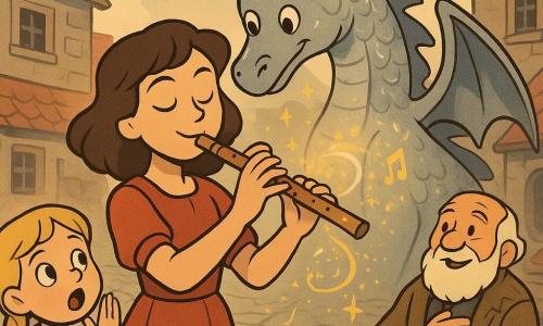 Lía, una chica de unos 16 años de rostro dulce, ojos claros y cabello color crepúsculo, sonríe serena y concentrada tocando una flauta de madera con pequeñas estrellas en el centro de la plaza; detrás de ella, un gran dragón de escamas plateadas con reflejos lunares, ojos tiernos y alas plegadas inclina la cabeza y suelta pequeñas chispas doradas; en primer plano a la izquierda, una niña de unos 8 años con trenzas doradas y expresión sorprendida levanta la mano como para recuperar la voz; a la derecha, el abuelo del pueblo, un hombre de unos 70 años con abrigo remendado y barba blanca, sentado en un escalón, pone la mano en el corazón y esboza una tímida sonrisa; la plaza empedrada, rodeada de casas de piedra grises y tejados rojos, luce banderolas y farolillos entre una ligera bruma atravesada por rayos dorados; la música de Lía transforma el silencio en colores: notas visibles en volutas luminosas que se extienden y iluminan los rostros de los aldeanos, creando una atmósfera cálida, mágica y esperanzadora.