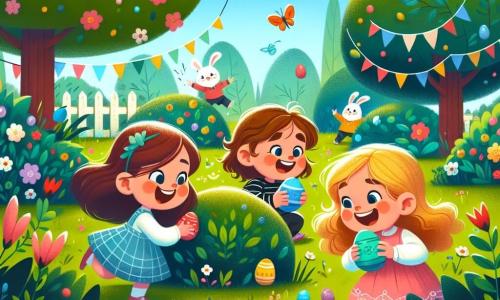 In un giardino soleggiato, tre bambine sono impegnate nella caccia alle uova di Pasqua. Sofia, una bambina di cinque anni con lunghi capelli castani e un grande sorriso, è accovacciata vicino a un cespuglio, tenendo un uovo colorato tra le mani. Alla sua sinistra, Chiara, una bambina di cinque anni con capelli biondi e ricci, indica con entusiasmo un uovo blu nascosto sotto una foglia. A destra, Anna, una bambina di cinque anni in abito rosa, salta di gioia scoprendo un uovo rosso vicino a un albero. Il giardino è pieno di fiori colorati, farfalle che svolazzano e un grande albero di mele, sotto il quale ci sono decorazioni pasquali come ghirlande di conigli e uova dipinte. Il cielo è di un blu brillante, punteggiato da nuvole bianche e soffici. Le tre amiche si divertono a cercare le uova di Pasqua, ridendo e ballando come piccoli conigli, creando un'atmosfera gioiosa e festosa.