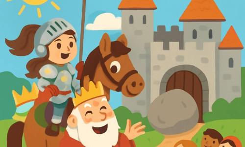 A brave knightess, Lady Bea, stands proudly on her horse, Clip-Clop. She wears shining armor adorned with floral patterns, and her face radiates determination and joy. Her long brown hair flows in the wind. Beside her, an elderly king, around 60 years old with a long white beard and a golden crown, encourages her with a broad smile. He is dressed in a red royal robe and a velvet cape. The backdrop is a magnificent medieval castle with large gray stone towers and fluttering flags. The sun shines in a blue sky, illuminating the dirt path leading to the castle gate, where a large rock blocks the entrance. The scene shows Lady Bea ready to push the rock with determination, while Clip-Clop, a lively brown horse, stands firm, ready to assist her. Curious villagers watch with admiration, hoping to see the door open.