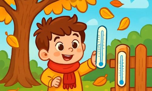 Un ragazzo di 6 anni, con i capelli castani in disordine e occhi pieni di curiosità, è in piedi in un giardino autunnale. Indossa una sciarpa rossa brillante e un cappotto giallo, le sue guance sono arrossate dal freddo, e sorride meravigliato mentre tiene un termometro. Accanto a lui, un grande albero dalle foglie dorate, un maestoso tiglio, si erge con i rami che si estendono come braccia accoglienti. Il terreno è coperto di foglie multicolori, creando un tappeto di rosso, arancione e giallo. La scena si svolge in un giardino tranquillo, dove la luce morbida del mattino filtra tra le foglie, creando ombre danzanti sull'erba umida. Il ragazzo osserva attentamente il termometro appeso alla recinzione di legno, impaziente di scoprire la temperatura del giorno, mentre una leggera brezza fa volteggiare le foglie intorno a lui, aggiungendo un tocco di magia a questo momento autunnale.