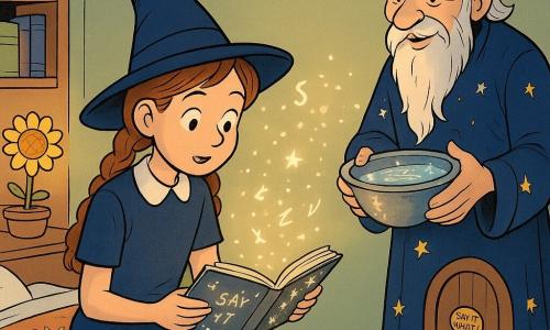 A young girl witch, about 10, with braided hair in a simple navy uniform and short dress, sits on the edge of her bed, amazed and focused, holding a small open spellbook whose letters glow pale yellow as she leans toward a tiny secret door in the pastel wall; an old wizard, about 70, in a star-embroidered midnight-blue robe with a long neat beard and a gentle smile, stands slightly behind her on a stool to her right, holding a bowl of water that reflects luminous words and pouring magical water to help; the warm child’s room has sun-patterned blankets, a sunflower lamp, neatly shelved books, light wood floors, and a small round door with a tiny knob marked SAY IT KINDLY; the main scene shows the witch lighting a small indoor lantern emitting floating luminous words in warm white, rose gold and silver, while the wizard’s water creates word reflections—soft magical ambiance, twinkling lights, non-threatening shadows, warm inviting tones.